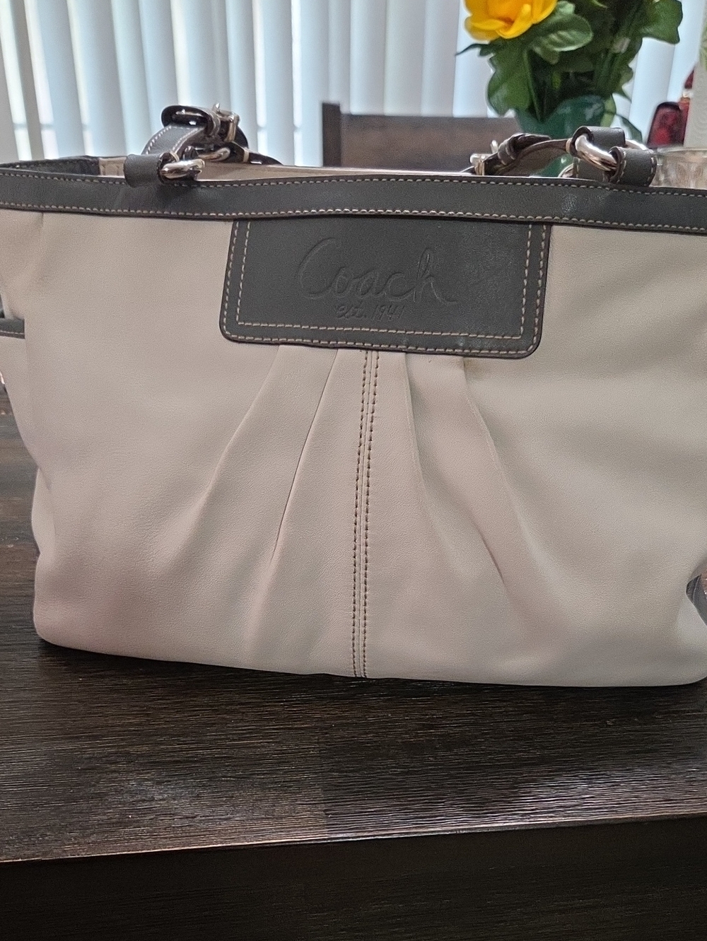 Coach Cream Leather Shoulder Tote with Dark Trim
